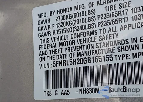 2016 Honda Odyssey Lx from USA, damaged, VIN 5FNRL5H20GB165155